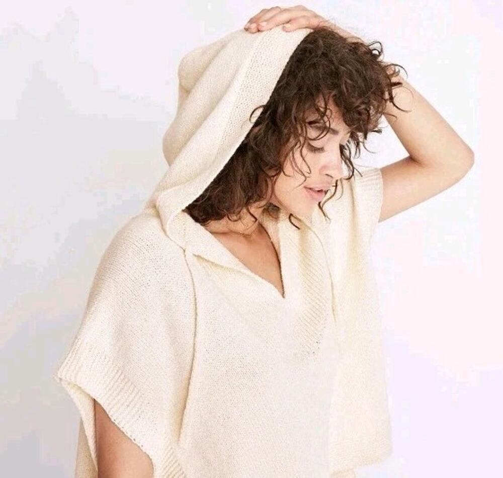 Madewell Cream Hoodie Poncho Sweater L/XL Loose Knit V-Neck Side Tie
